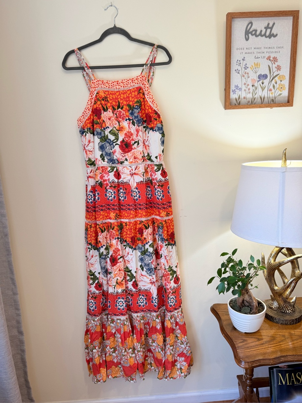 Cato Orange Red Floral Tiered Maxi Dress Size L Summer Dress